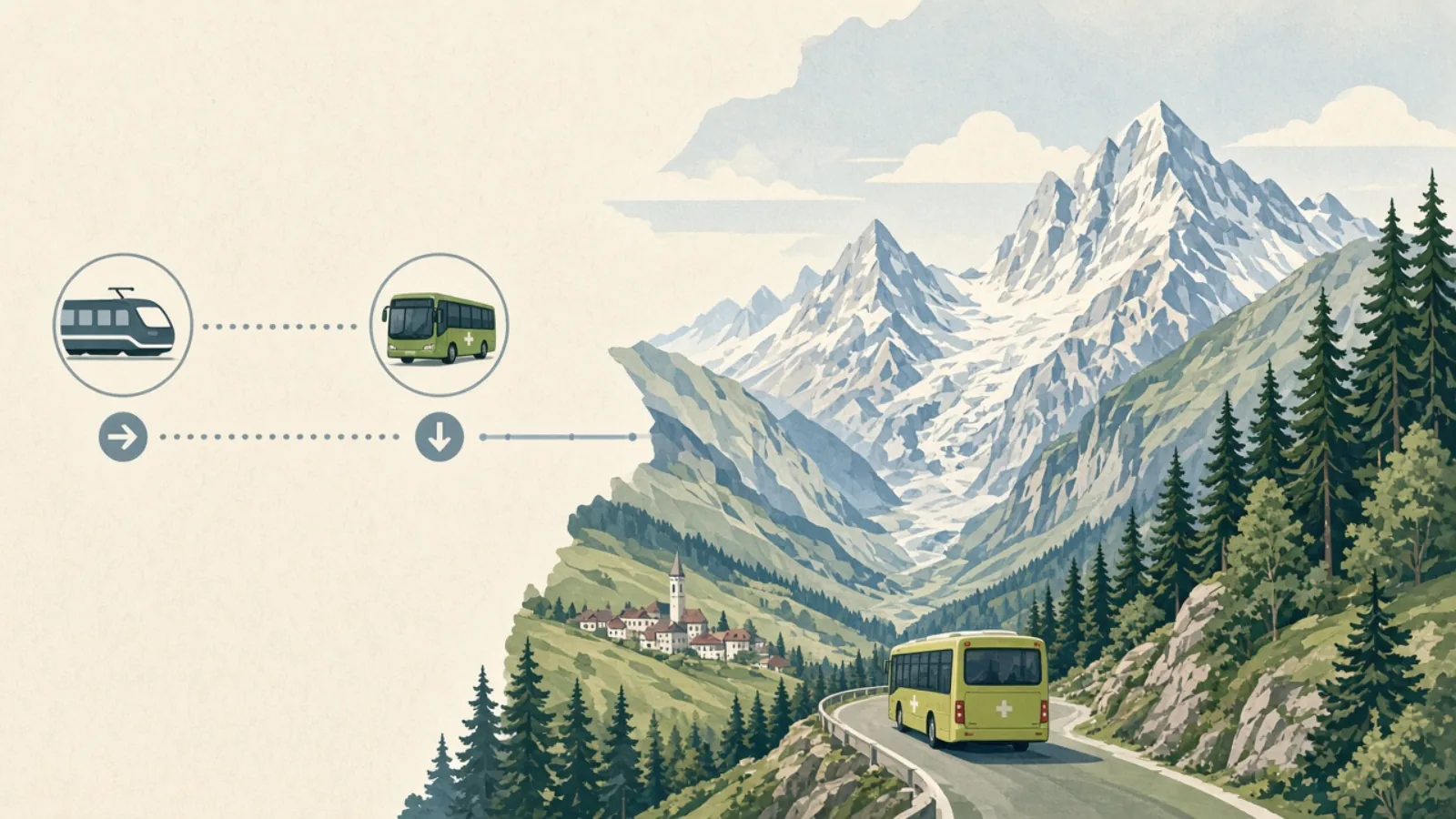 Illustrative diagram of train and PostBus arrival into an alpine valley