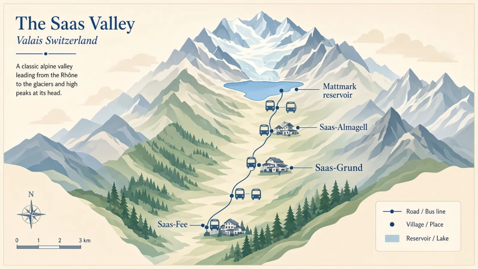 Illustrative diagram of the Saas Valley showing Saas-Fee, Saas-Grund, Saas-Almagell and Mattmark