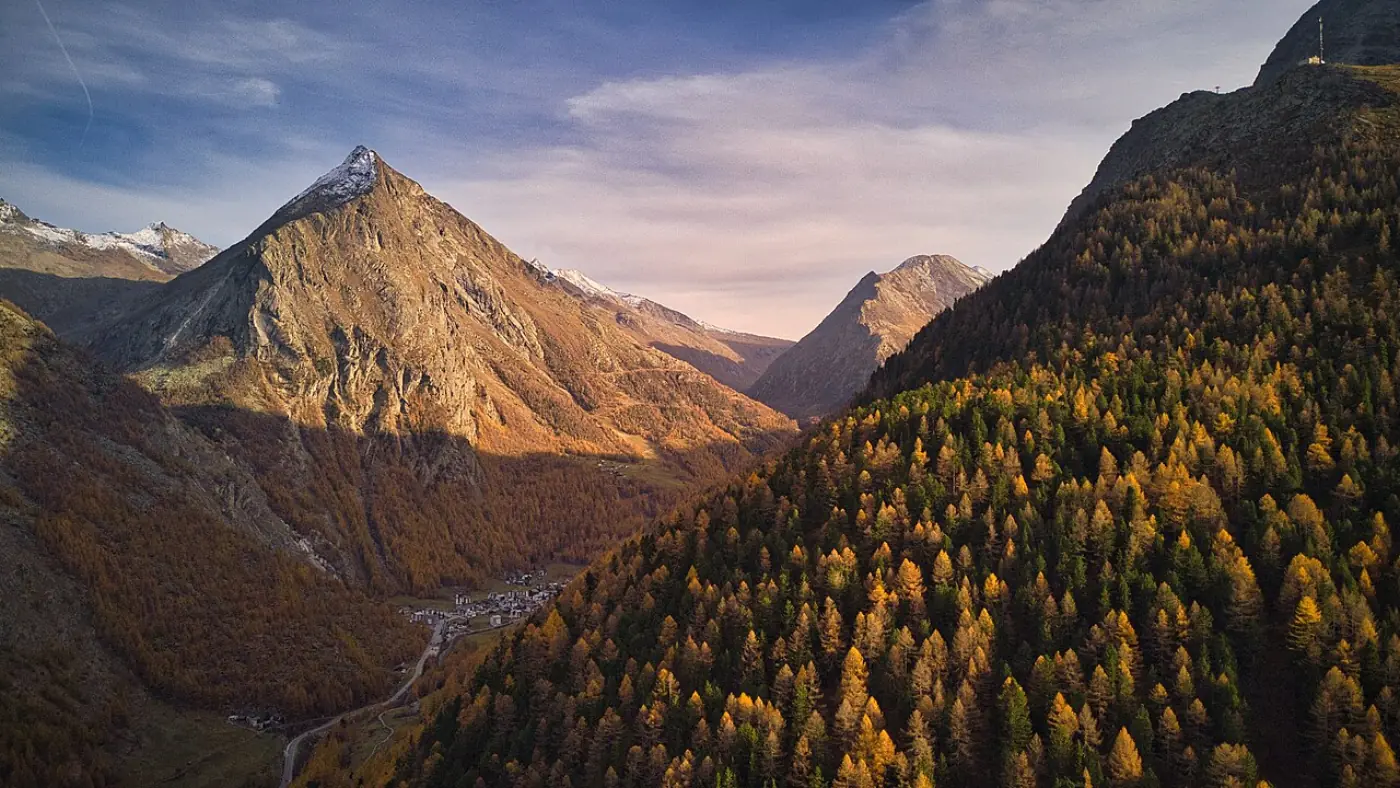 View toward Saas-Almagell in the Saas Valley with alpine peaks above the village