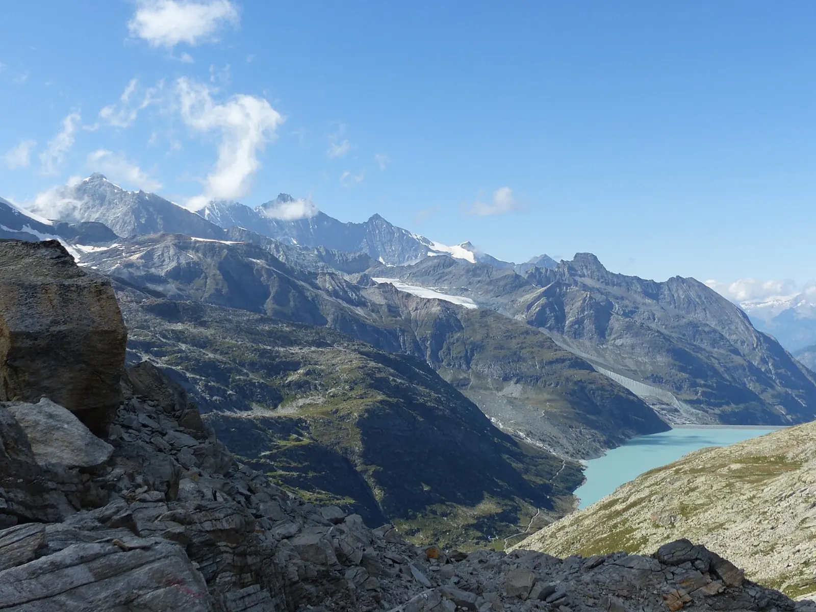 Mattmark reservoir with Lenzspitze, Dom and Allalin glacier in the background
